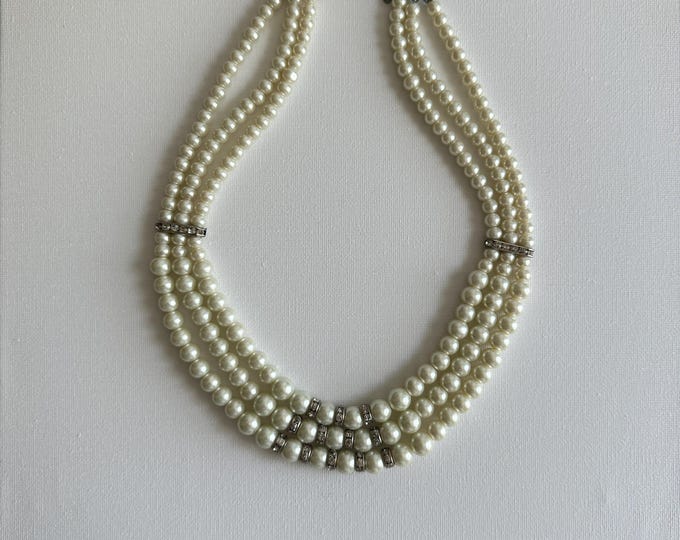 Triple Strand Faux Pearl Necklace with Rhinestone Spacers – Vintage Look, Bridal Style, Timeless style | 2000's | Pre-loved Jewellery