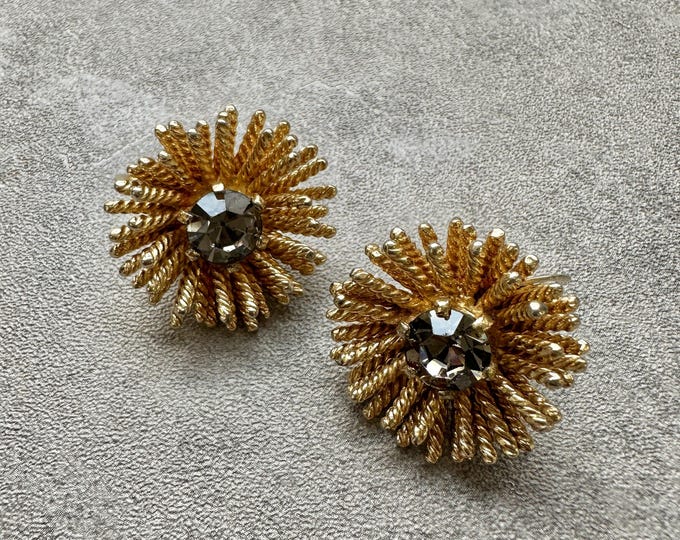 Castlecliff Gold Tone Earrings, Vintage Twisted Rope Clip Ons with Crystal Centre, 1 Inch