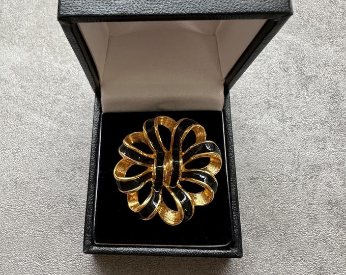 Vintage Napier Petite Bow Brooch, 1980s | Triple Gold-Plated with Black Enamel | Timeless Glamour