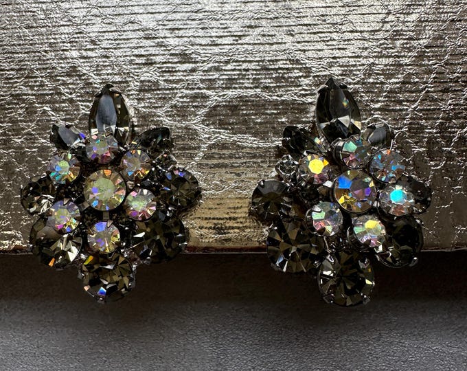 Vintage Aurora Borealis & Smoky Rhinestone Cluster Earrings | Mid-Century Cocktail Statement Jewellery