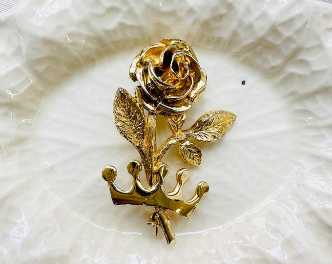 Vintage Gold Rose Brooch with Crown, Regal Floral Pin, 1980s Statement Jewellery, Romantic Spring Gift, Pre-Loved Costume Glam