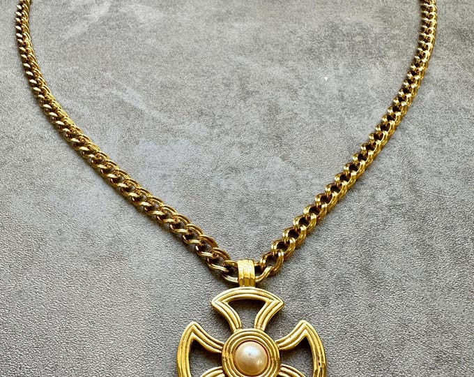 Monet Maltese Cross Necklace, Vintage Triple Gold Plated Pendant with Pearl, 25 Inch Chain