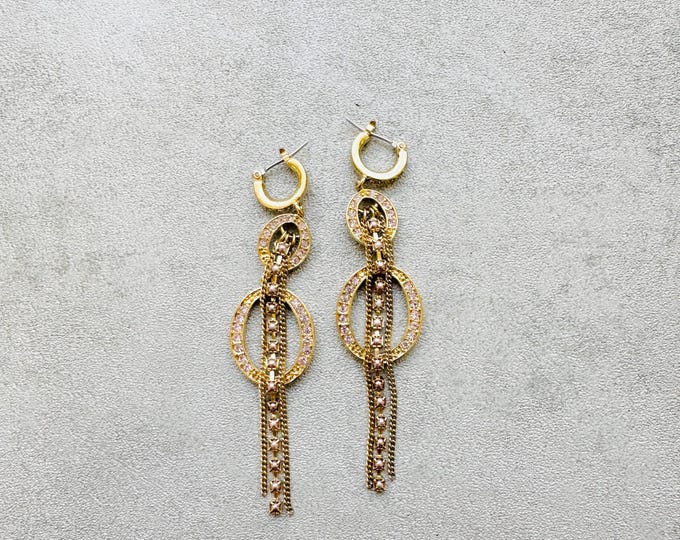 Vintage Monet gold rhinestone dangle earrings, chain drop statement earrings, 1990s signed, glamorous gift for her