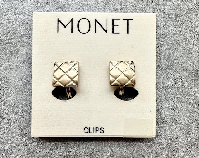 Vintage Monet Gold Clip On Earrings | 1980s Quilted Square Design on Original Card | Signed Gift for Her | Classic Everyday Style