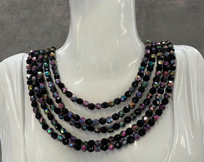 Vintage Austria Five-Tier AB Glass Bead Necklace – Black Iridescent Statement Collar