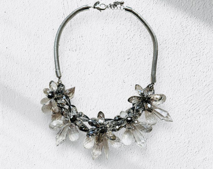 Pre-loved Coast crystal flower statement necklace, silver tone chunky collar, evening sparkle, 2010s costume jewellery, wedding style, gift