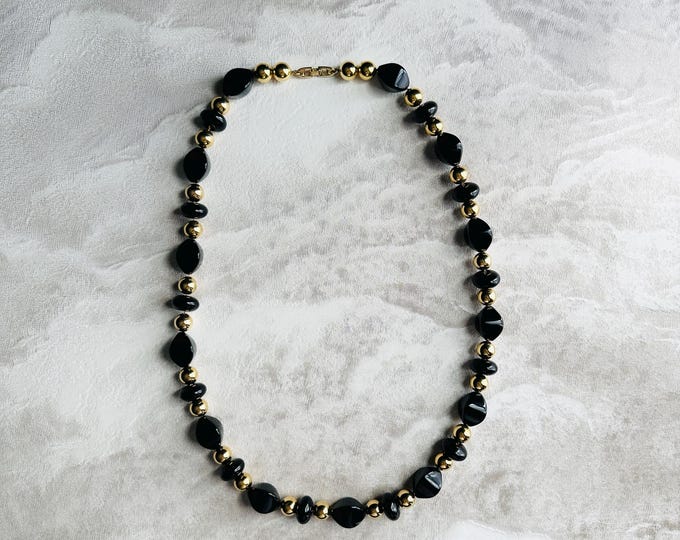 1980s Napier black resin necklace, signed statement chain design, gold tone beads, sculptural vintage jewellery, gift for her