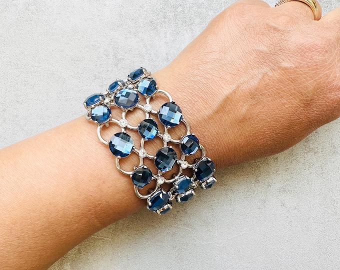 Coast bracelet, silver-tone chain with blue crystal glass stones, dressy statement jewellery, pre-loved gift for her