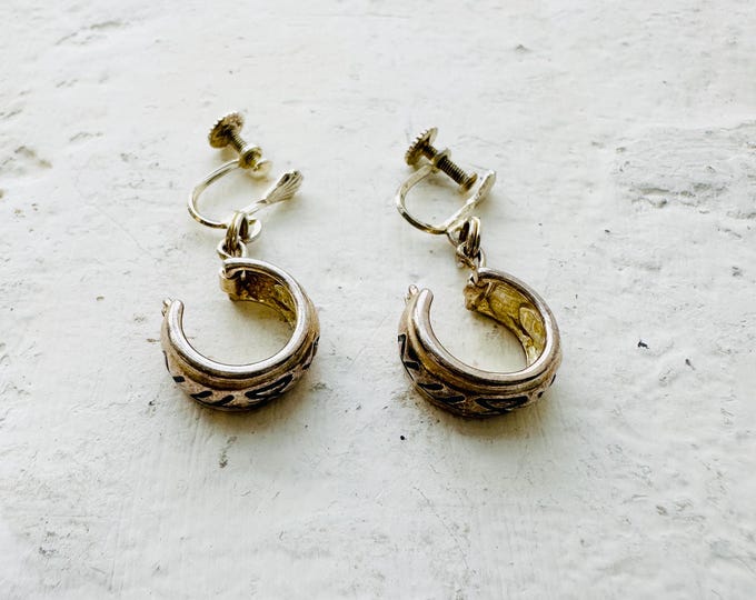 Vintage 925 Silver Hoop Earrings, Etched Tribal Screw-Back Hoops, Sterling Silver Earrings, Artisan Boho Jewellery, 1980s Design