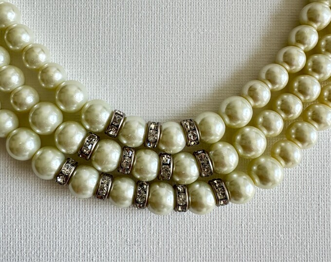 Triple Strand Faux Pearl Necklace with Rhinestone Spacers – Vintage Look, Bridal Style, Timeless style | 2000's | Pre-loved Jewellery