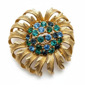 Broche vintage de diamantes de imitación dorados y azul verdoso, joyería recuperada de mediados de siglo (sin firmar, sello C)