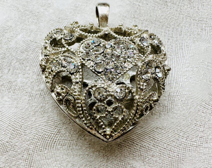 Vintage Rhinestone Heart Pendant Filigree Scrollwork Sparkle Romantic Gift for H