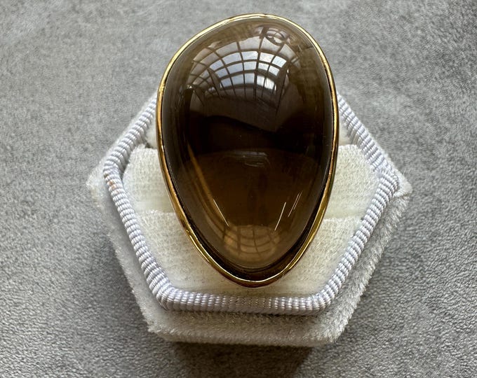 1990s TGGC smoky quartz teardrop cocktail ring, 925 gold plated sterling silver, oversized statement gemstone ring,