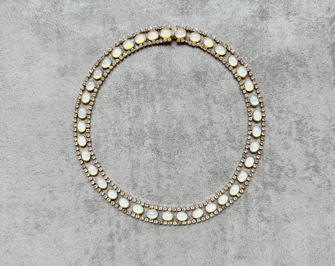 Vintage opalite and diamanté choker necklace | 1980s gold-plated statement collar | Gift for her | Bridal jewellery | re.
