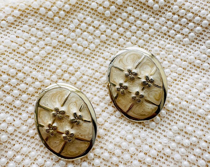 Vintage 1980s Oval Clip On Earrings Cream Enamel and Gold Tone Floral Statement Jewellery Pre Loved Retro Wedding or Party Earrings