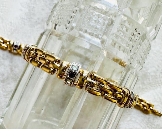 Pre-Loved Gold Link Bracelet with Crystal & Faux Ruby Accents, Chunky Glam Gift for Her, Statement Jewelry, Elegant Y2K Style