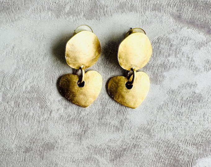 Pre-Loved 1990s Gold-Tone Heart Drop Earrings – Sculptural Statement Gift for He