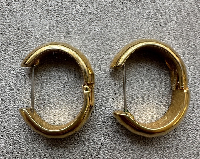 Vintage Monet gold tone hoop earrings, 1990s signed, pierced earrings, classic sculptural hoops, statement glam, gift for her