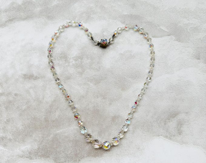 1950s vintage aurora borealis crystal bead necklace, graduated glass