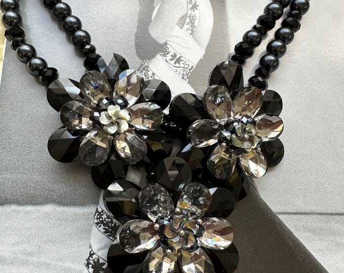 Butler & Wilson Black Floral Bib Necklace, Signed Statement Piece with Beaded Detail, Glamorous Gothic Jewellery, Gift for Her