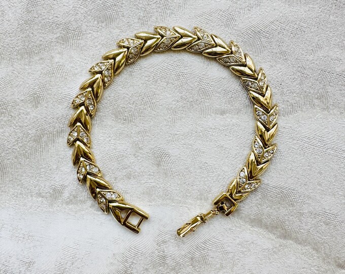 Vintage 1980s Gold Leaf Link Bracelet, Crystal Rhinestone Statement Jewelry, Elegant Bold Design, Gift for Her, Anniversary Gift Idea