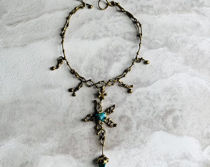 Signed LIBLIN Artisan Necklace, Vintage 1980s Sculptural Brass Pendant with Turquoise, Brutalist Studio Jewellery, One of a Kind