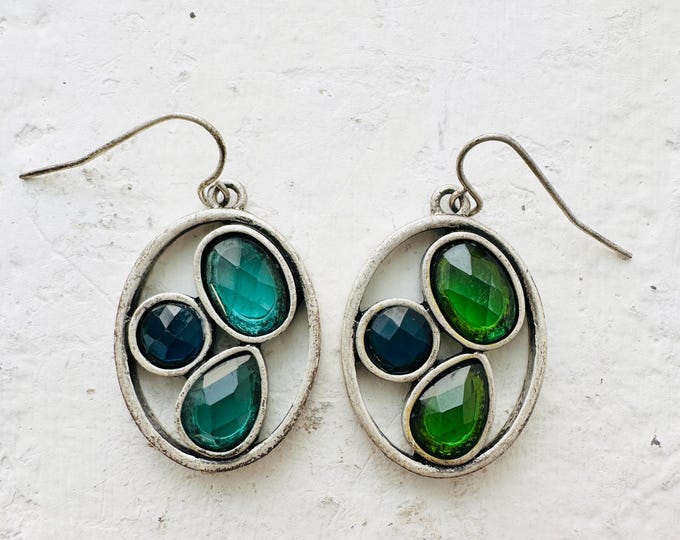 Pre Loved 2000s Oval Drop Earrings Teal and Green Glass Stones Textured Silver Tone Boho Statement Dangles Lightweight Artistic Jewellery