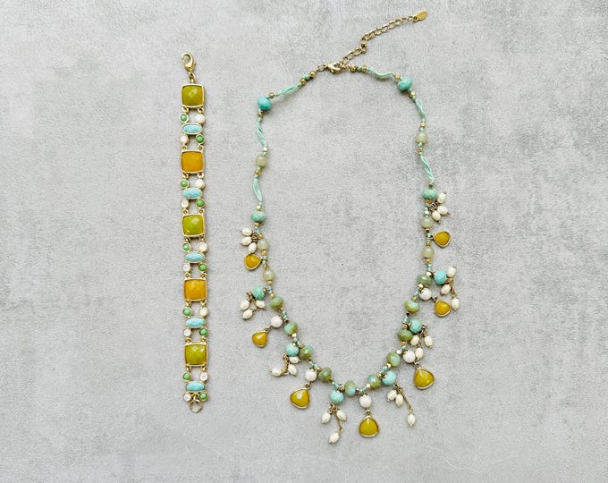 Vintage Monet two-piece necklace and bracelet set, beaded pastel charm jewellery, signed statement set, gift for her, 1990s Monet