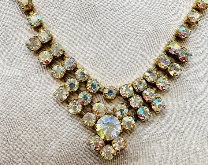 Vintage AB Rhinestone Necklace | 1950s Gold Tone Cluster Choker | Mid Century Au