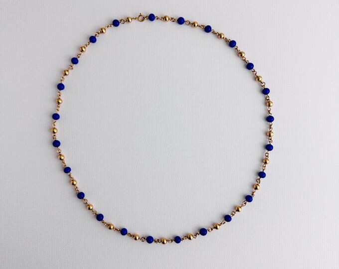 Vintage Cobalt Beaded Chain Necklace – Gold-Tone & Blue Glass, 90s European Style, Minimalist Retro Statement, Pre-Loved Jewellery