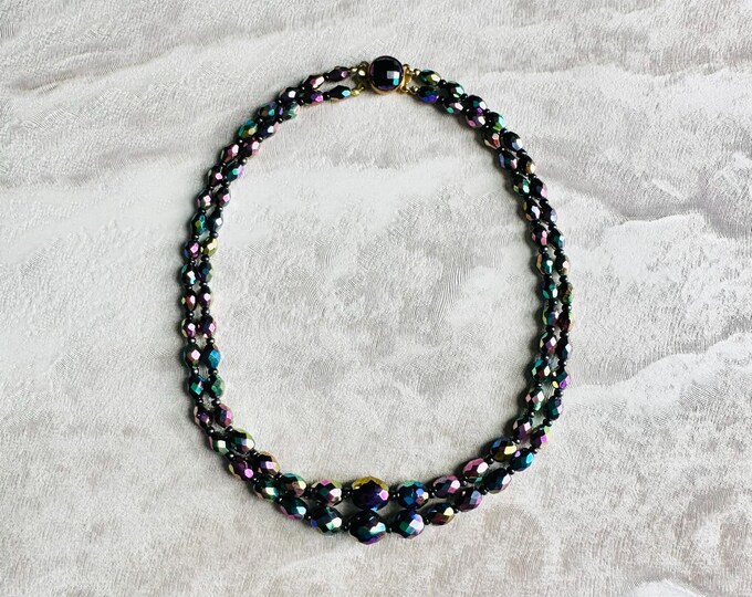 Vintage 1960s Iris Glass Bead Necklace, Double Strand, Faceted Aurora Beads, Statement Jewellery, Rainbow Finish, Gold Clasp