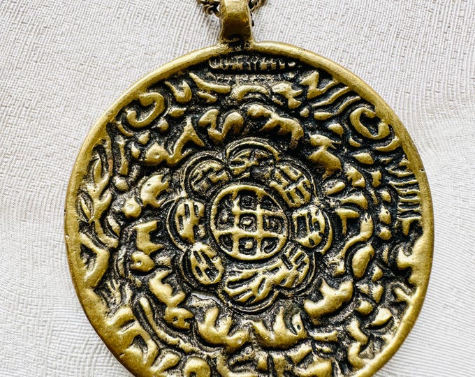 Vintage-style large bronze pendant necklace, rustic tribal medallion, antique gold coin charm, statement boho jewellery, 1990s