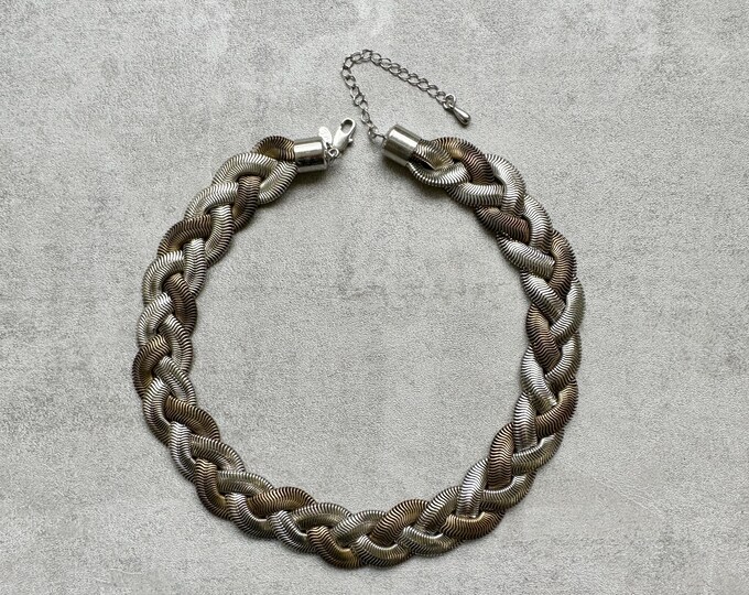 Pre-Loved Statement Necklace, M&S Braided Herringbone Chain, Silver and Gunmetal, Power Dressing Jewellery, Modern Bold Collar Style