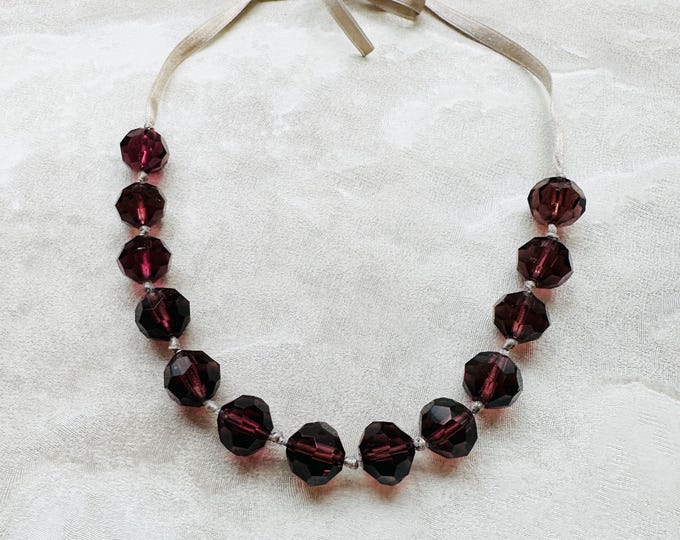 Heavy vintage glass bead necklace, crystal cut amethyst, ribbon tie, 1990s