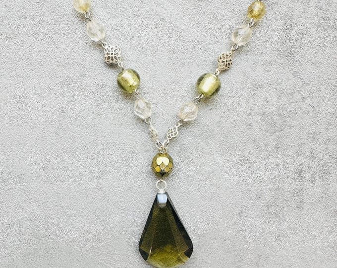 Signed Laura Ashley necklace, green glass teardrop pendant with gold and silver beads, botanical luxe style, gift for her