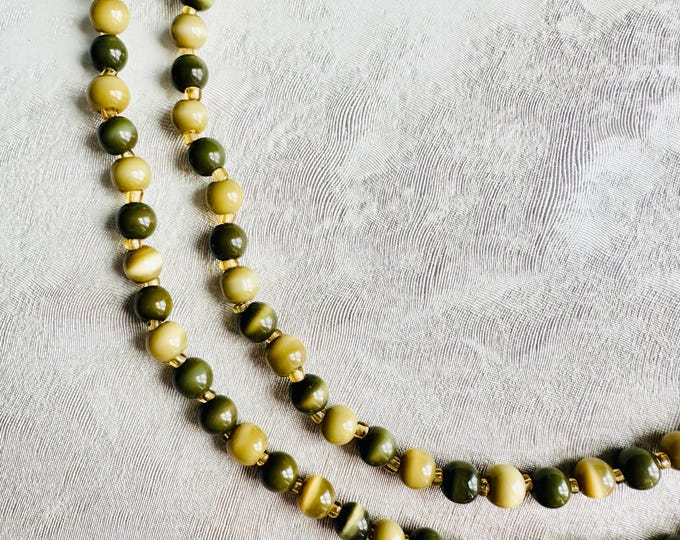 Vintage 1990s Iridescent Glass Bead Necklace, Long Single Strand, Olive and Mustard, Retro Jewellery, All Glass Statement Beads