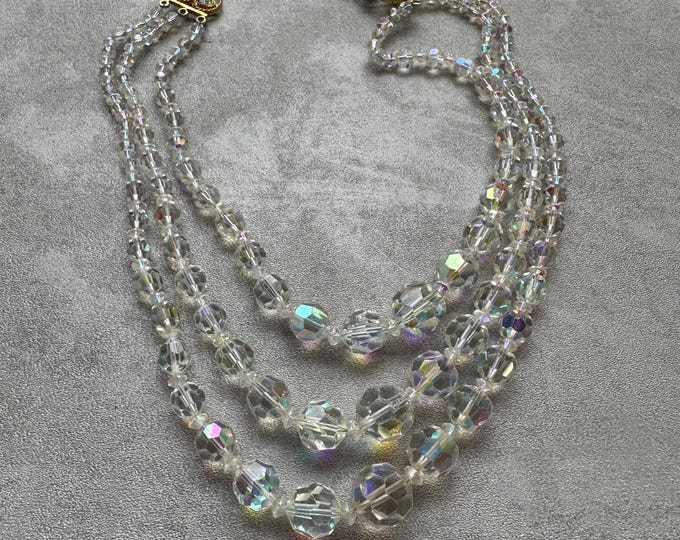 Vintage Aurora Borealis, 3-Tier Crystal Necklace, Vintage AB Glass Beads, Waterfall Sparkle Statement, Gift for Her