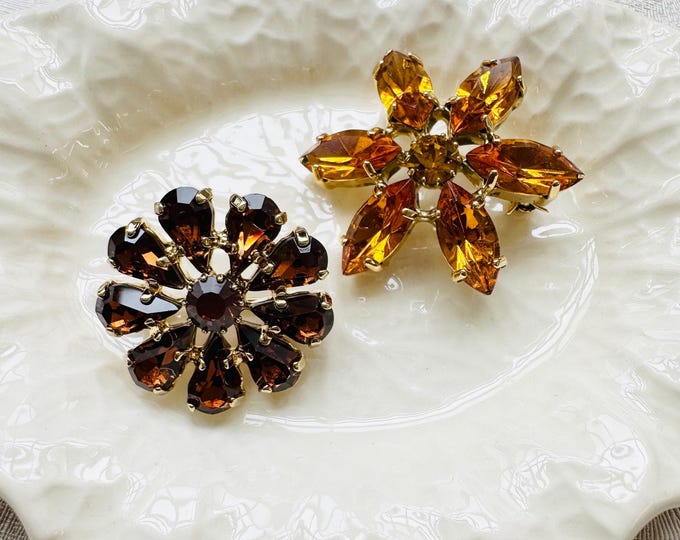 Vintage rhinestone brooch set | Amber & topaz floral pins | Sparkling duo