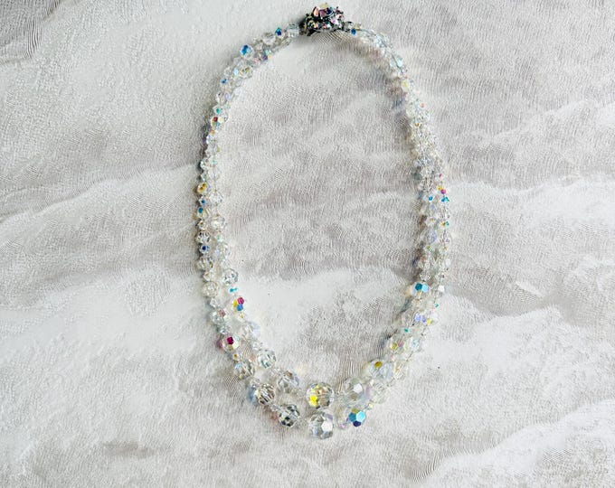 1950s Exquisite AB crystal necklace, double strand aurora borealis, floral clasp, bridal vintage, gift for her