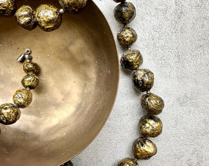 Vintage 1970s Papier Mâché Bead Necklace, Hand Painted Gold Black Statement Beads, Lightweight Chunky Collar, Pre-Loved Boho Jewellery,
