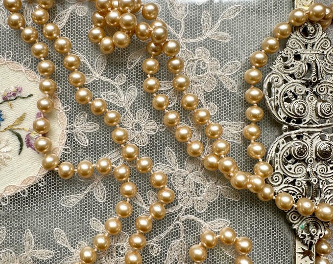 Vintage Faux Pearl Necklace, Creamy Champagne Beads, Hand Knotted Strand, Weighty Classic 1950s Style, Pre-Loved Bridal Jewellery