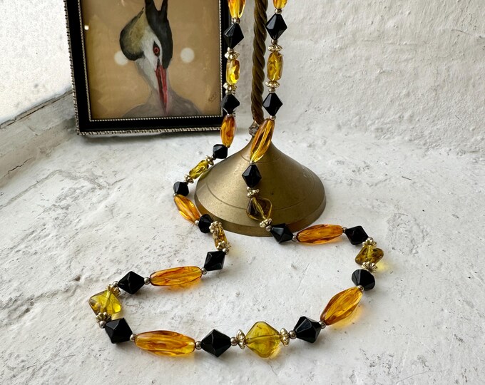 Vintage 1980s Amber Black Bead Necklace, Lightweight Resin Statement Beads, Art Deco Revival, Bold Costume Jewellery, Pre-Loved Jewellery