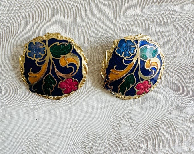 Vintage Enamel Clip-On Earrings | Gold Floral Cloisonné | Colourful 80s Statement Earrings