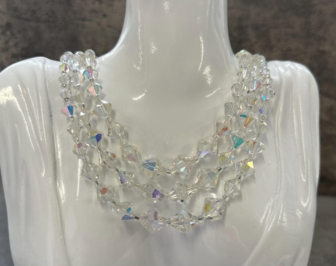 1960s Vintage Aurora Borealis Glass Necklace – Stunning Three-Tier Triangular Beads with Sparkling Clasp