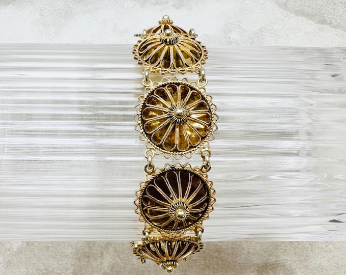 Vintage 830 silver gilt filigree bracelet, domed discs, D.A. 1886 mark