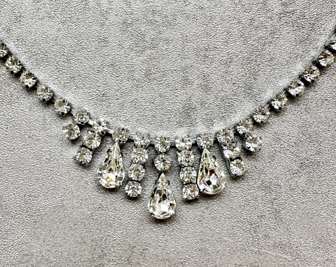 Vintage Rhinestone Statement Necklace, 1980s Bridal or Evening Glam, Teardrop Crystals, Silver Tone Sparkle, Pre-Loved Jewellery