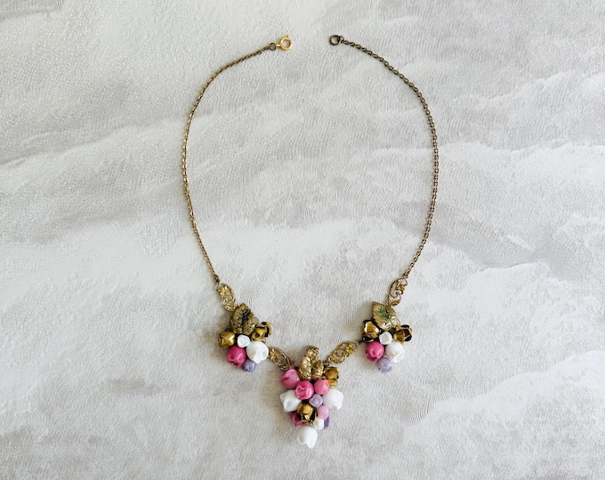 Vintage 1950s Floral Bib Necklace, Pink Porcelain Buds & Brass Leaves, Romantic Statement Jewellery, Filigree Grape Cluster Design
