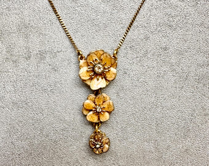 Pre-Loved Pilgrim Enamel Flower Necklace, Gold Drop Pendant, Layered Floral Design with Crystals, Adjustable Chain, Y2K Romantic Style