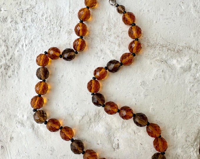 Vintage Amber Glass Bead Necklace, Mid Century Faceted Lucite Beads, Smoky Brown Statement Beads, Retro Costume Jewellery
