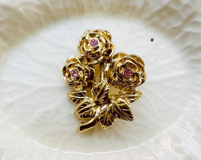 Vintage Gold Rose Brooch with Pink Rhinestones, Trio Flower Pin, 1980s Romantic Jewellery, Pre-Loved Floral Statement